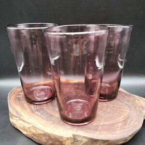 Vintage Amethyst Glass Tumbler Glasses Set of 3 Hand Blown Style 6”
